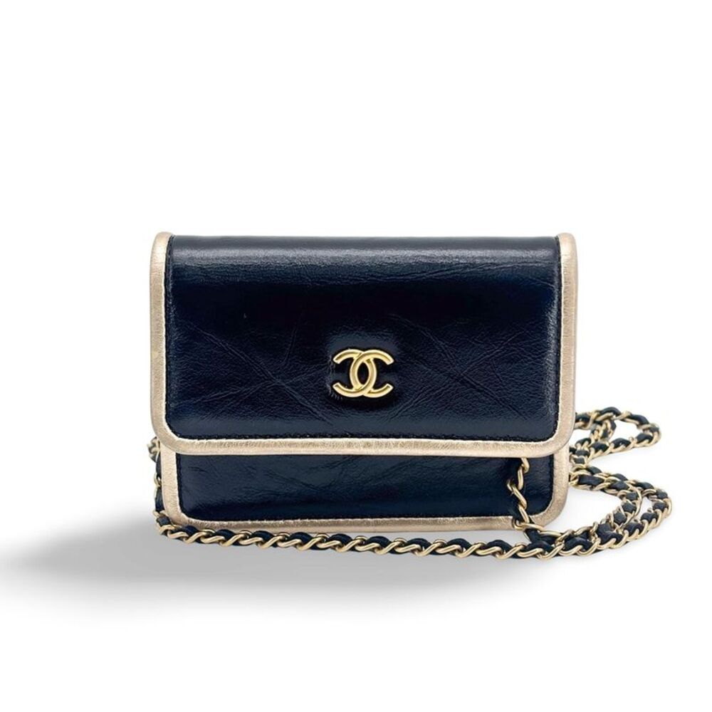Chanel Calfskin Metallic Gold Trim Mini Flap Chain Bag Black